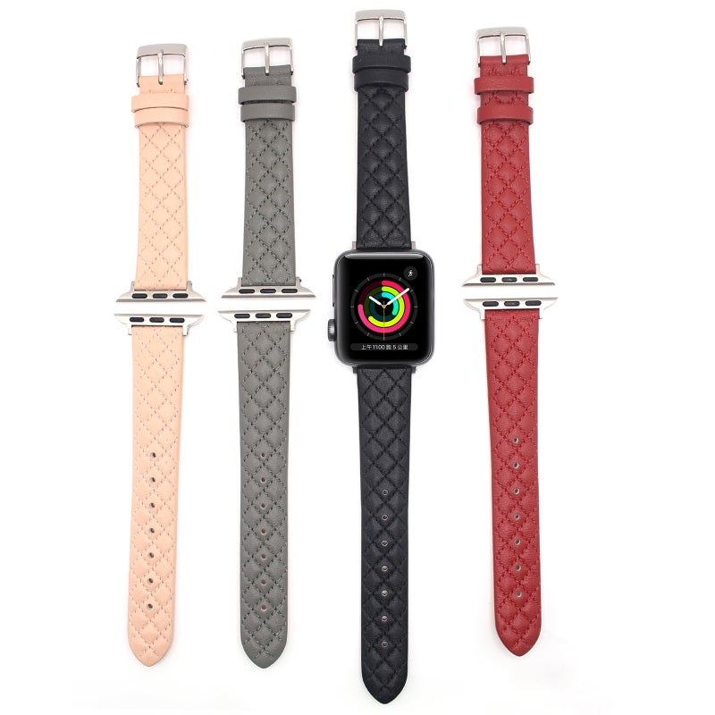 Rhombus Top Layer Cowhide Leather Watch Band For Apple Watch Series 10 42mm / 9&8&7 41mm / SE 3&SE 2&6&SE&5&4 40mm / 3&2&1 38mm (Red)