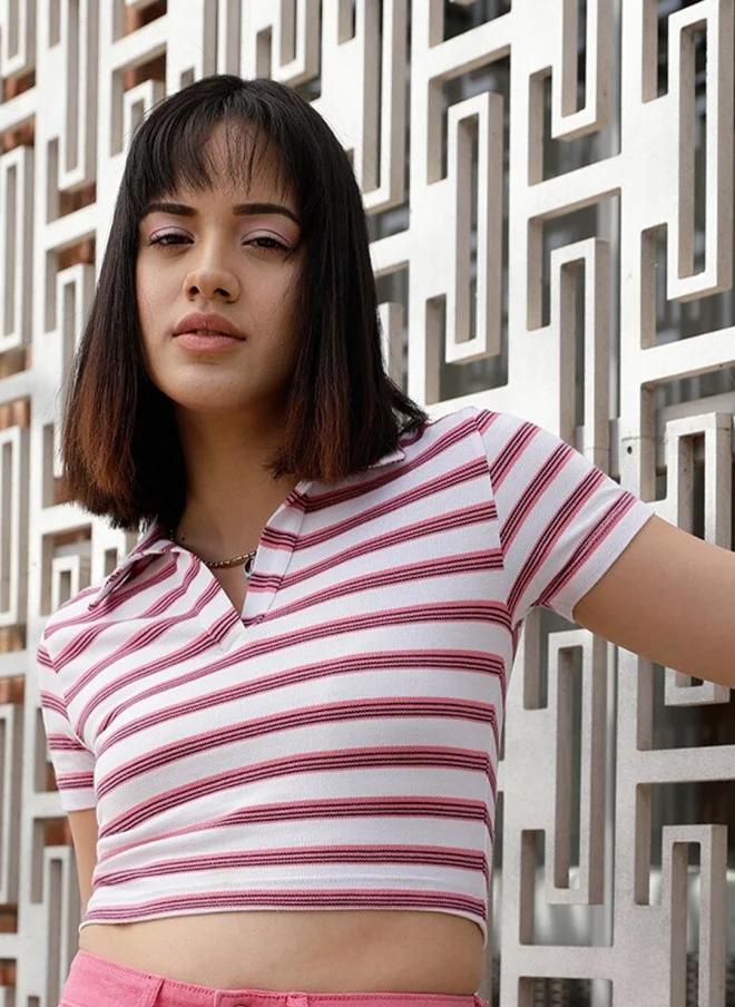 STREET 9 Pink & White Striped Polo Collar Crop T-Shirt for Women