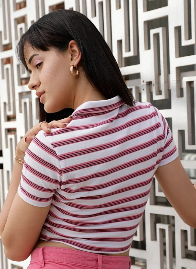 STREET 9 Pink & White Striped Polo Collar Crop T-Shirt for Women