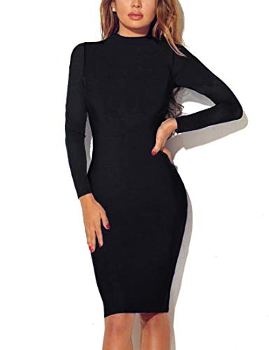 Mokoru Women's Casual Basic Pencil Dress Sexy Long Sleeve Bodycon Midi Club Dress, Medium, Black - Image 4