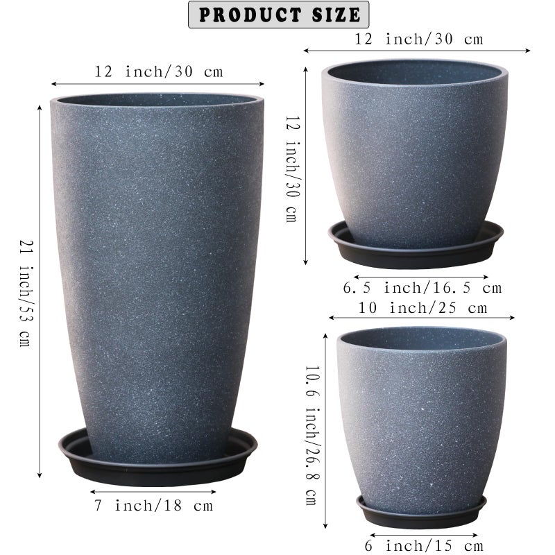SE SUN-E Garden Decorative Planters Plastic Tall Round Flower Pots with Drainage Hole & Saucer Cement Grey Surface Painting Robust & odourless, Modern Plant Pots for Porch Patio and All HousePlants Set of 3 - Image 2
