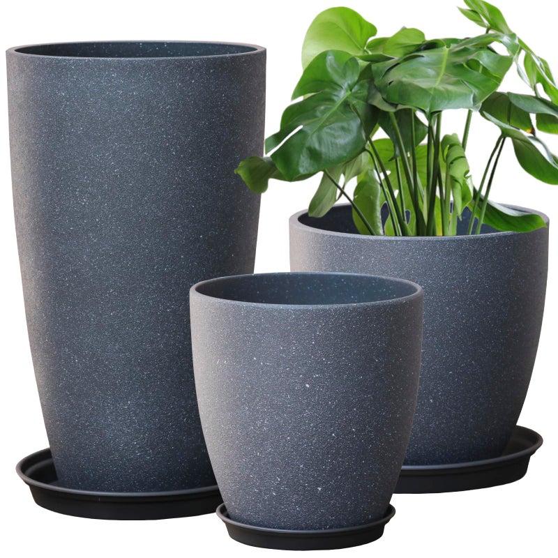 SE SUN-E Garden Decorative Planters Plastic Tall Round Flower Pots with Drainage Hole & Saucer Cement Grey Surface Painting Robust & odourless, Modern Plant Pots for Porch Patio and All HousePlants Set of 3 - Image 1