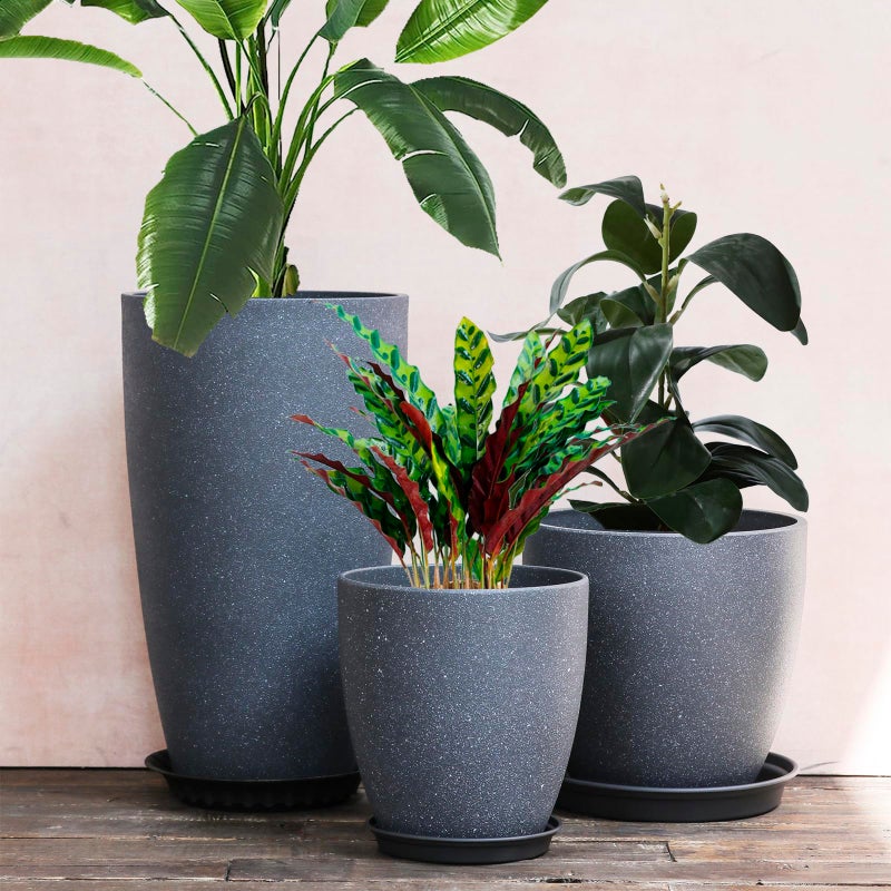 SE SUN-E Garden Decorative Planters Plastic Tall Round Flower Pots with Drainage Hole & Saucer Cement Grey Surface Painting Robust & odourless, Modern Plant Pots for Porch Patio and All HousePlants Set of 3 - Image 3