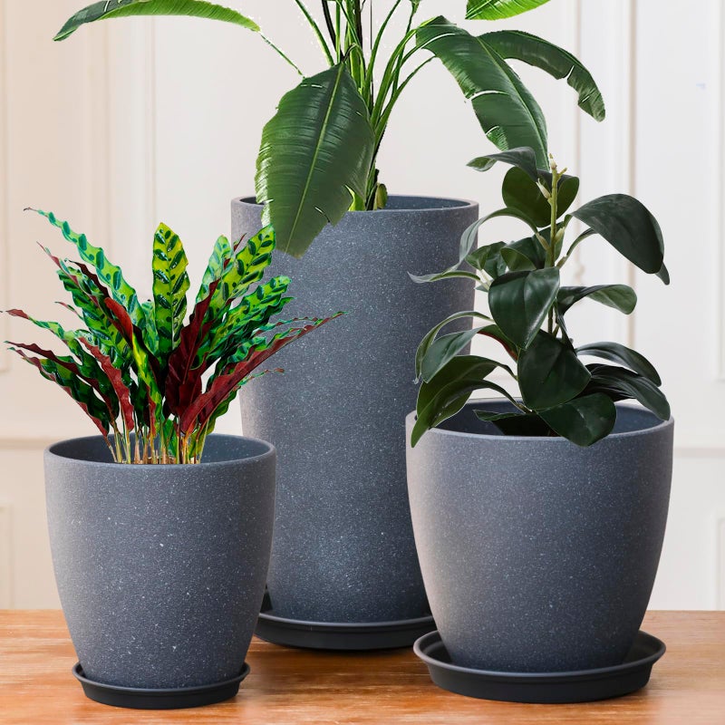SE SUN-E Garden Decorative Planters Plastic Tall Round Flower Pots with Drainage Hole & Saucer Cement Grey Surface Painting Robust & odourless, Modern Plant Pots for Porch Patio and All HousePlants Set of 3 - Image 5