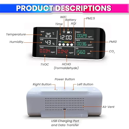amiciSense WIFI Air Quality Meter with Time Display & Data Export Feature-CO2/PM2.5/HCHO/Temperature/Humidity Sensor Compatible with SmartLife App - Image 4