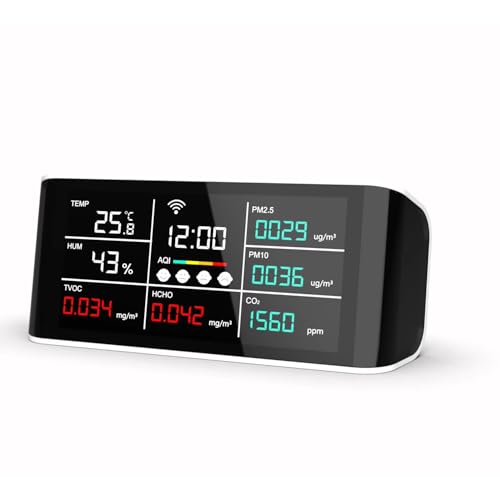 amiciSense WIFI Air Quality Meter with Time Display & Data Export Feature-CO2/PM2.5/HCHO/Temperature/Humidity Sensor Compatible with SmartLife App - Image 1