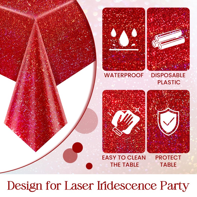 Just Shimmer 1 pcs Red Holographic Laser Tablecloths for Parties 40" x 108" Table Cloth Iridescence Shining Table Decoration For Valentines Galentines Day Princess Graduation Christmas Birthday Party Supplies - Image 5