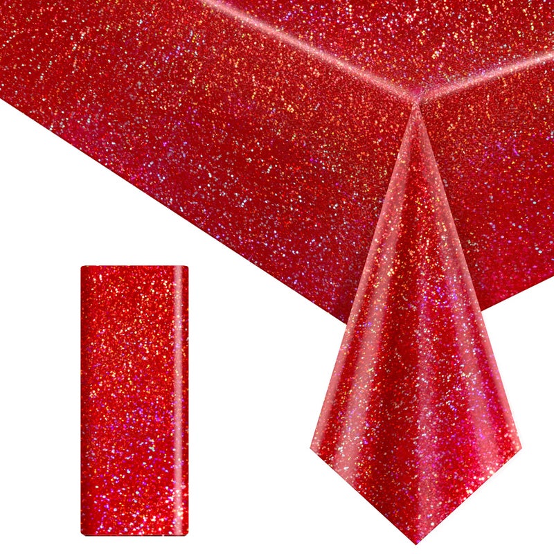 Just Shimmer 1 pcs Red Holographic Laser Tablecloths for Parties 40" x 108" Table Cloth Iridescence Shining Table Decoration For Valentines Galentines Day Princess Graduation Christmas Birthday Party Supplies - Image 1