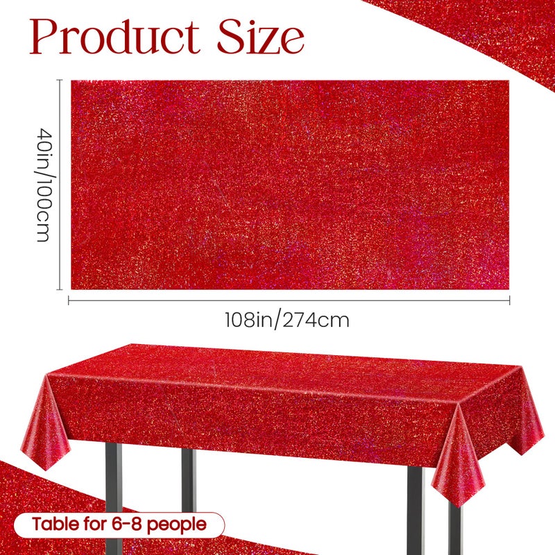 Just Shimmer 1 pcs Red Holographic Laser Tablecloths for Parties 40" x 108" Table Cloth Iridescence Shining Table Decoration For Valentines Galentines Day Princess Graduation Christmas Birthday Party Supplies - Image 2