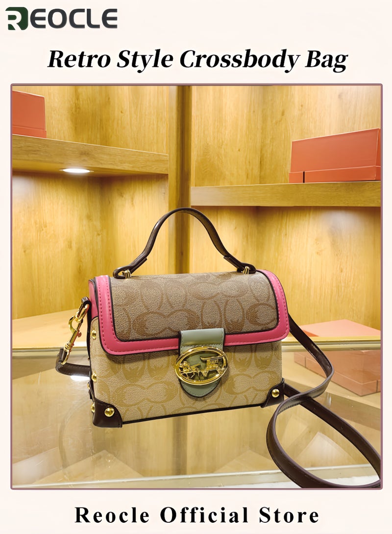 REOCLE Women's Fashion Crossbody Bag Retro Style Handbag Square Leather Handbag Versatile Single Shoulder Crossbody Bag with Print - Image 3