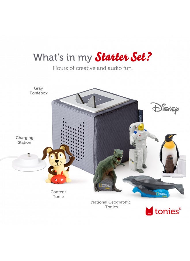 Tonies Toniebox Audio Player Starter Set with National Geographic Astronaut, Dinosaur, Whale, Penguin, and Playtime Puppy - Listen, Learn, and Play with One Huggable Little Box - Gray  - Image 4