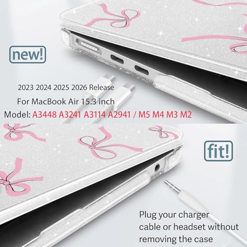 May Chen for 2026 MacBook Air 15 inch Case A3448 M5 A3241 M4 A3114 M3 A2941 M2 2025 2024 2022, Plastic Hard Shell for MacBook Air 15.3" with Retina Dispaly Fits Touch ID, Clear Glitter Bow - Image 3