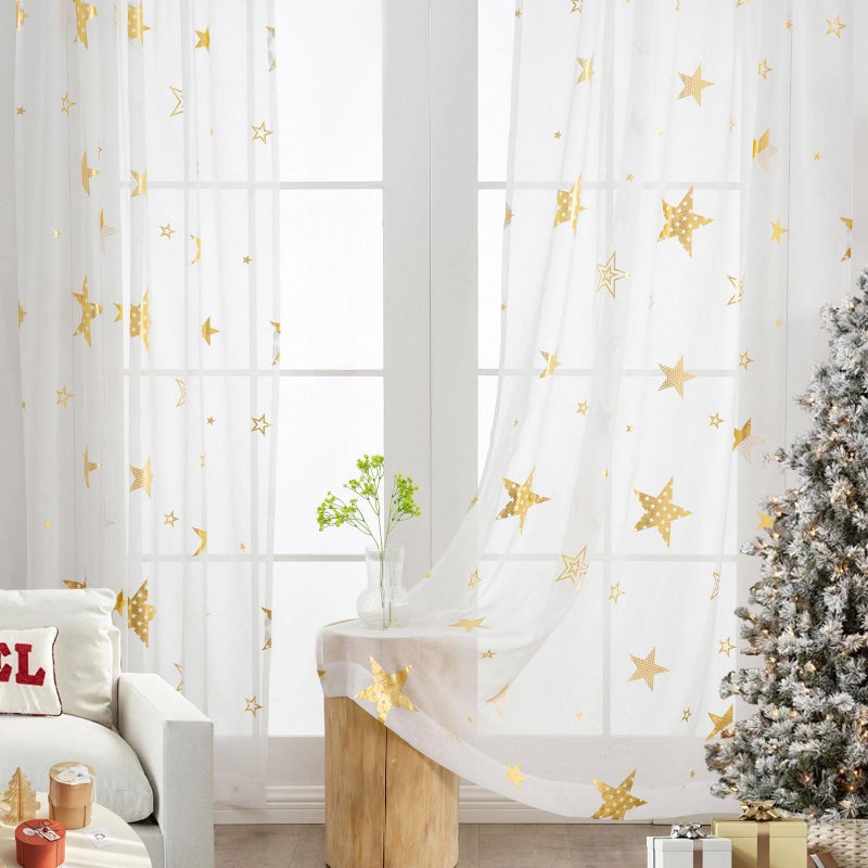 L.Z.E Gold and White Sheer Curtains 84 inch Length 2 Panels Set for Living Room, Light Filtering Gold Star Kids Curtain for Nursery with Rod Pocket, Textured Window Drapes with Patterns - Image 1