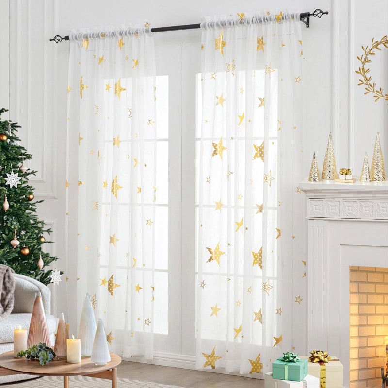 L.Z.E Gold and White Sheer Curtains 84 inch Length 2 Panels Set for Living Room, Light Filtering Gold Star Kids Curtain for Nursery with Rod Pocket, Textured Window Drapes with Patterns - Image 2