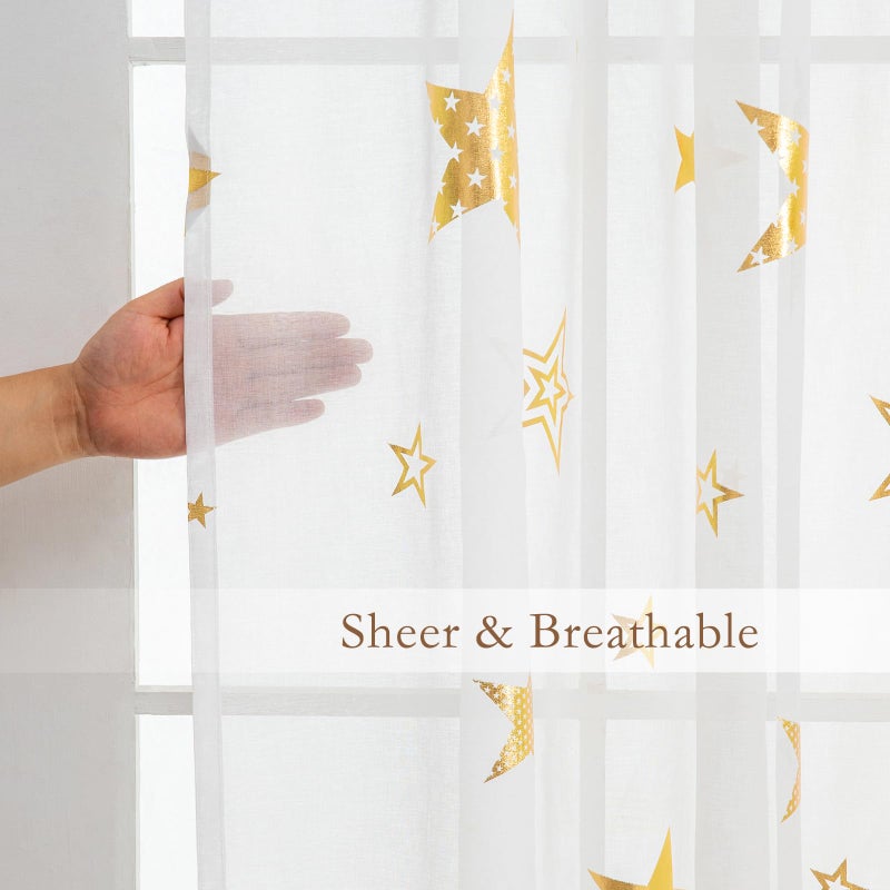 L.Z.E Gold and White Sheer Curtains 84 inch Length 2 Panels Set for Living Room, Light Filtering Gold Star Kids Curtain for Nursery with Rod Pocket, Textured Window Drapes with Patterns - Image 3