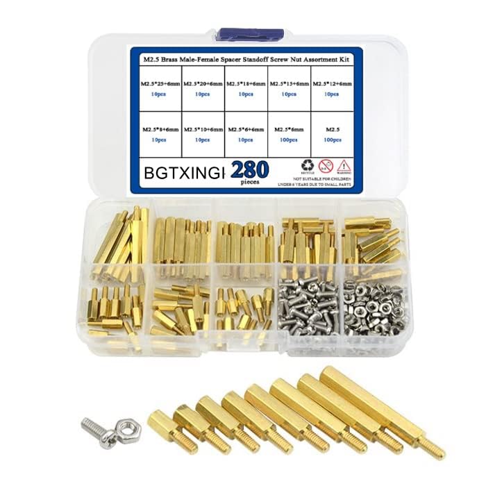 BGTXINGI XINGYHENG 280pcs M2.5 Brass Male-Female Spacer Standoff Screw Nut Assortment Kit and Stainless Steel Screw Nut Set - Image 1