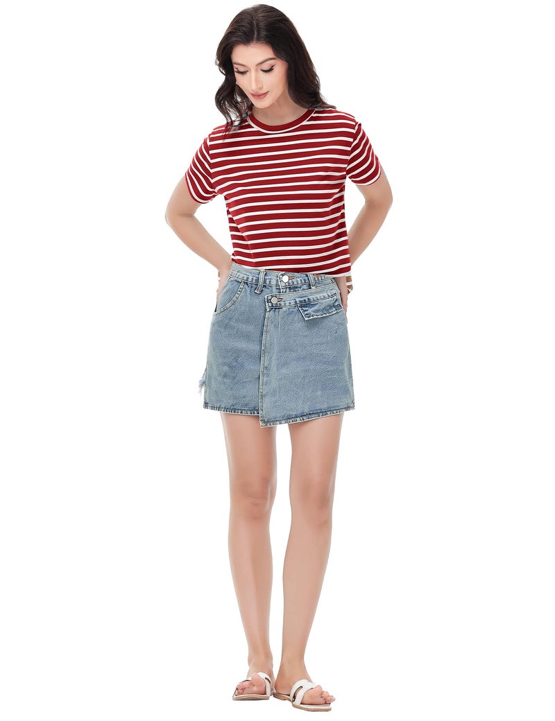 PEHMEA Women's Summer Cotton Striped Short Sleeve Crew Neck T-Shirts Casual Everyday Top for Work Weekend(Redwhite-XL) - Image 5