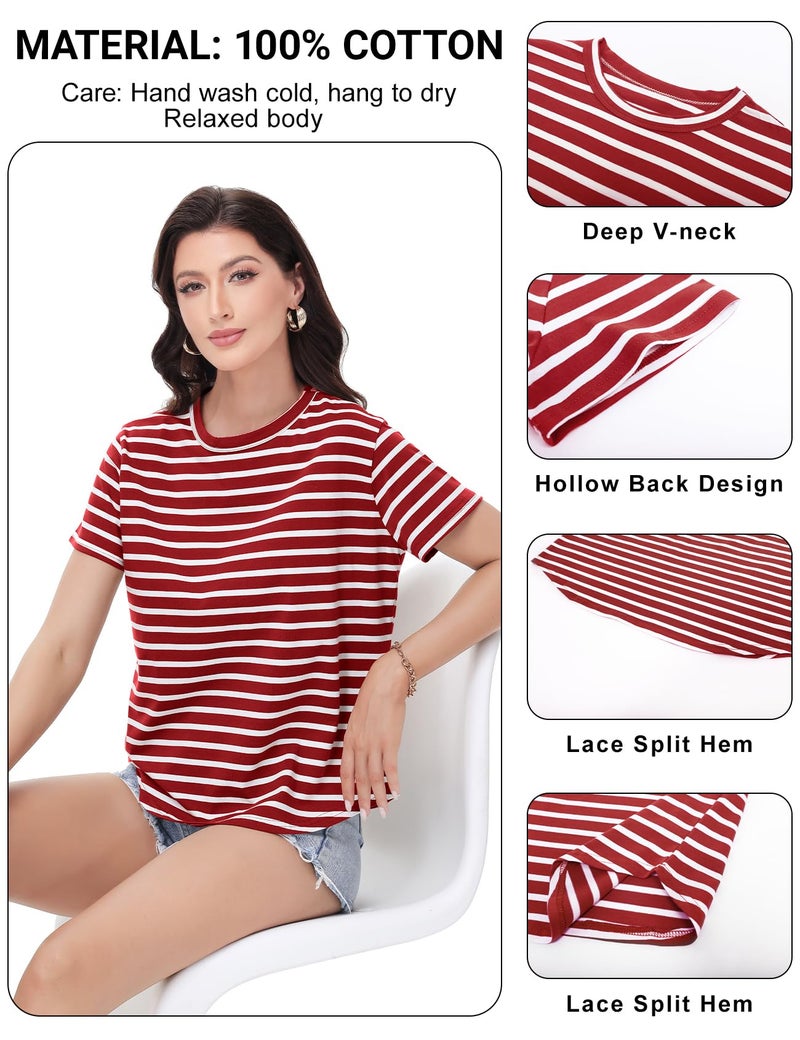 PEHMEA Women's Summer Cotton Striped Short Sleeve Crew Neck T-Shirts Casual Everyday Top for Work Weekend(Redwhite-XL) - Image 4