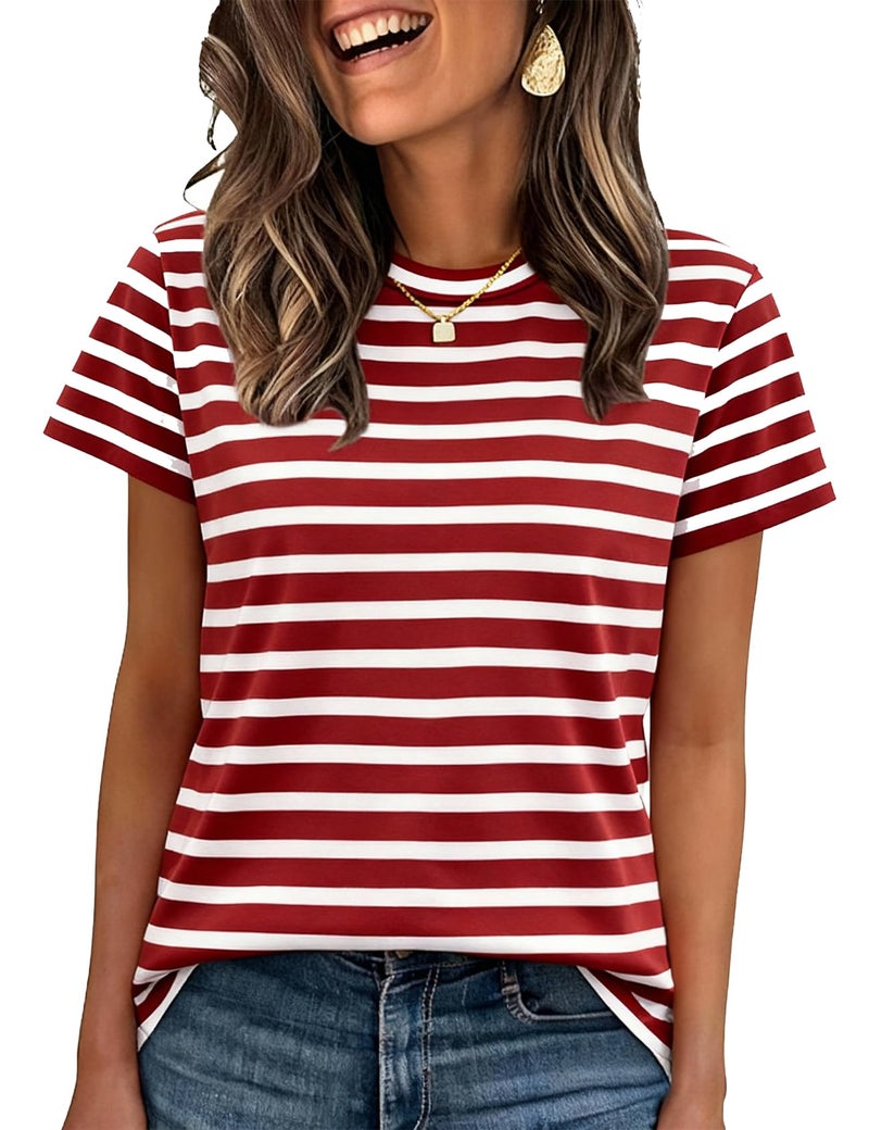 PEHMEA Women's Summer Cotton Striped Short Sleeve Crew Neck T-Shirts Casual Everyday Top for Work Weekend(Redwhite-XL) - Image 1