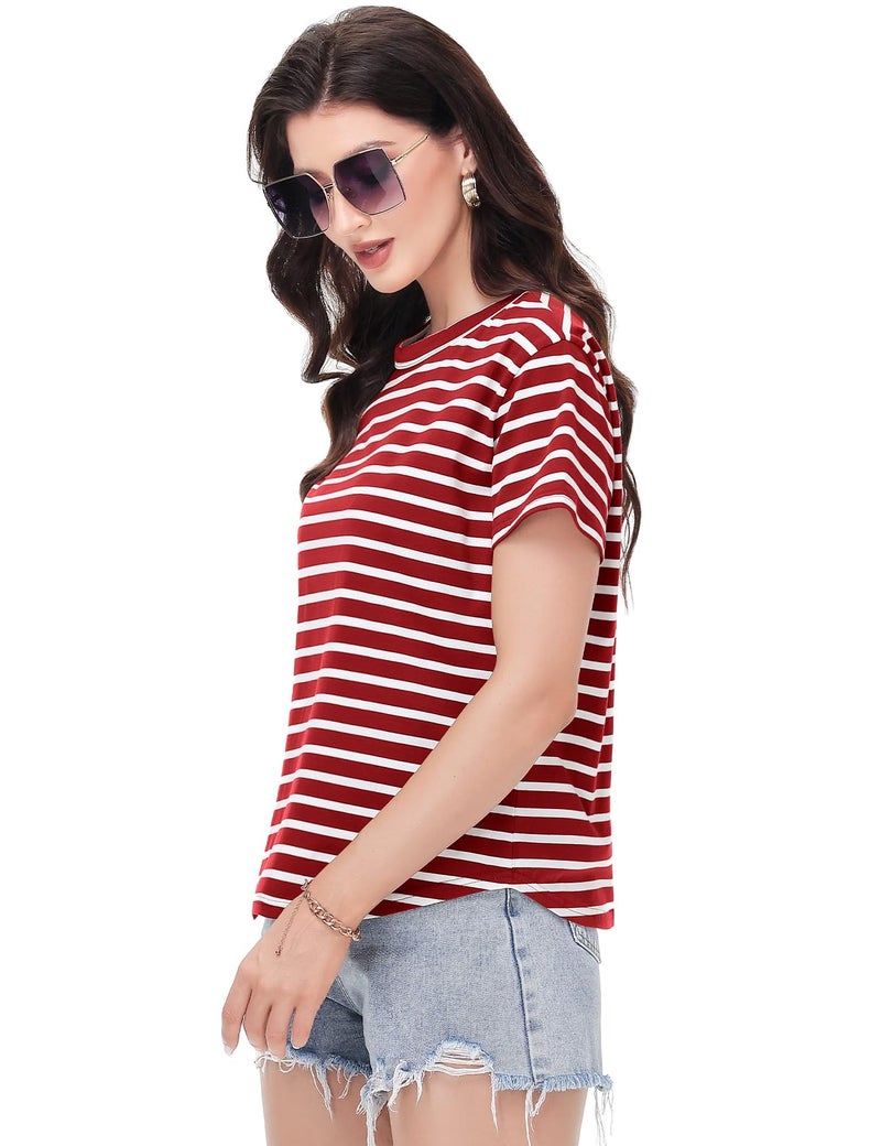 PEHMEA Women's Summer Cotton Striped Short Sleeve Crew Neck T-Shirts Casual Everyday Top for Work Weekend(Redwhite-XL) - Image 3