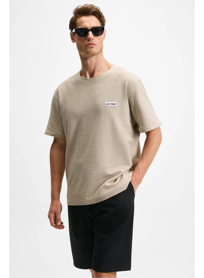 GRIMELANGE NOIR Men's 100% Organic Cotton Crew Neck Short Sleeve Regular Fit Beige T-Shirt