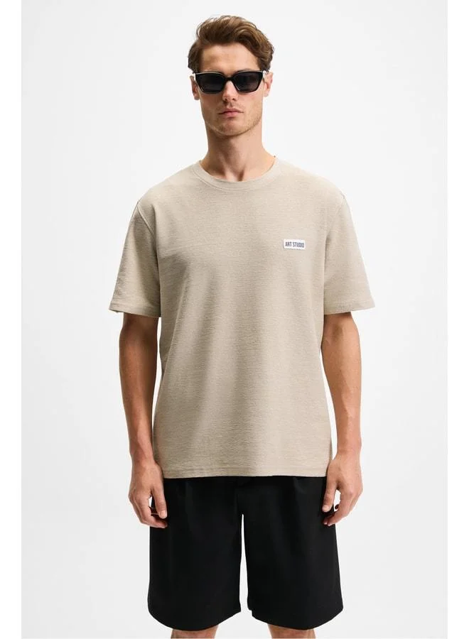 GRIMELANGE NOIR Men's 100% Organic Cotton Crew Neck Short Sleeve Regular Fit Beige T-Shirt