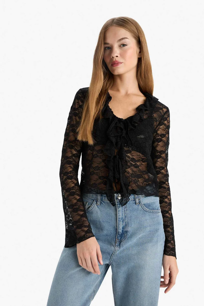 ديفاكتو Slim Fit V-Neck Long Sleeve Blouse