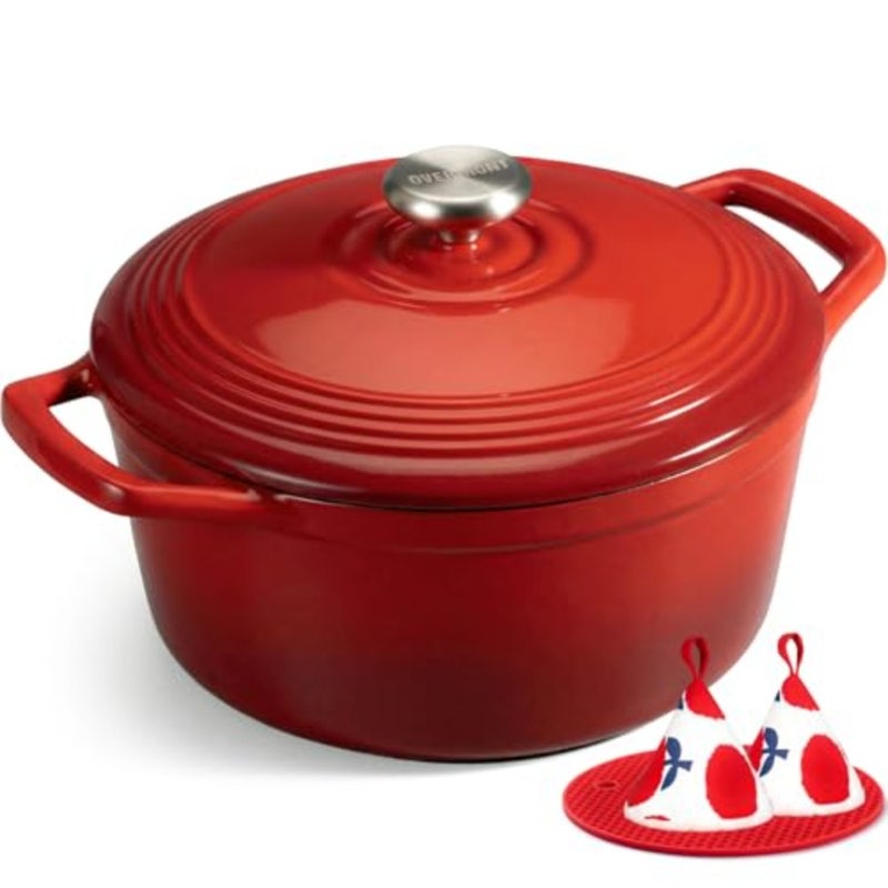 Enameled Cast Iron Dutch Oven - 5.5QT Pot with Wide Handles Lid Cookbook and Cotton Potholders - Heavy-Duty Pre-Seasoned Cookware Oven Safe to 500°F for Braising, Stews, Roasting, Bread Baking - Image 1