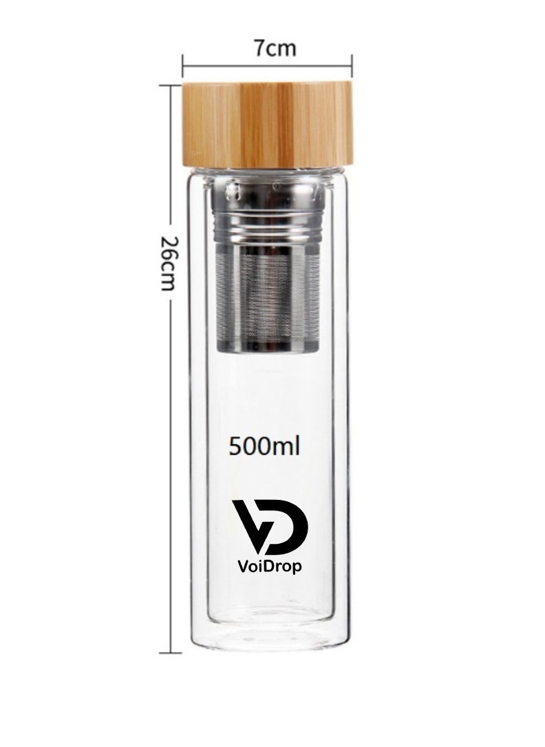 Voidrop Borosilicate Glass tea Bottle Natural Bamboo Lid with Tea Infuser Glass Tea Infuser stain less steel 304 grade Tea Tumbler Water Bottle Diffuser Tea Infuser Bottles 500ML
