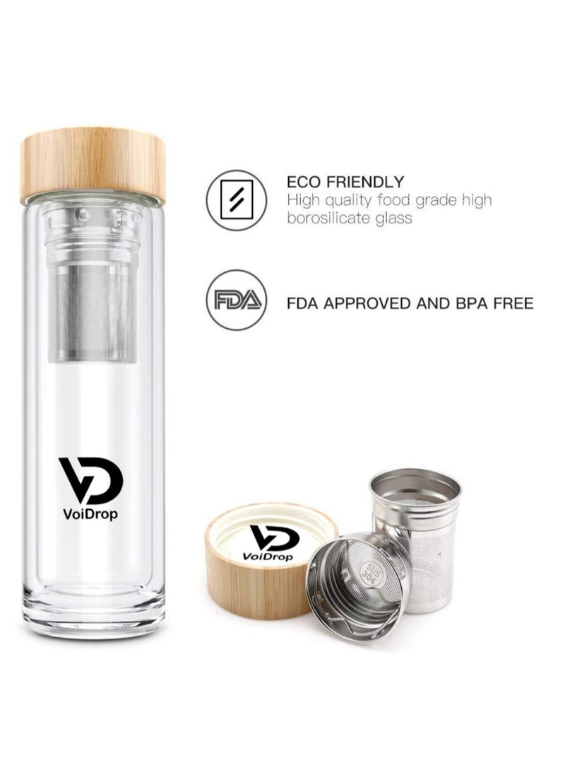 Voidrop Borosilicate Glass tea Bottle Natural Bamboo Lid with Tea Infuser Glass Tea Infuser stain less steel 304 grade Tea Tumbler Water Bottle Diffuser Tea Infuser Bottles 500ML