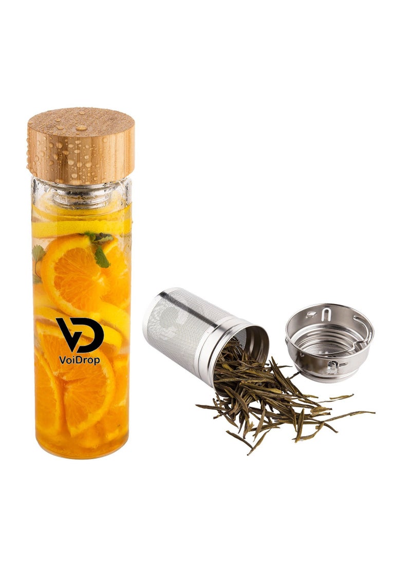 Voidrop Borosilicate Glass tea Bottle Natural Bamboo Lid with Tea Infuser Glass Tea Infuser stain less steel 304 grade Tea Tumbler Water Bottle Diffuser Tea Infuser Bottles 500ML