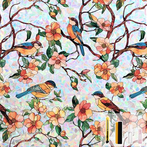 Kromapolis Window Privacy Film, Stained Glass Sticker Floral Window Clings, Decorative Static Clings UV Blocking Colorful Decals, Removable Vinyl Covering Rainbow Camellia, 17.5'' x 78.7'' - Image 1