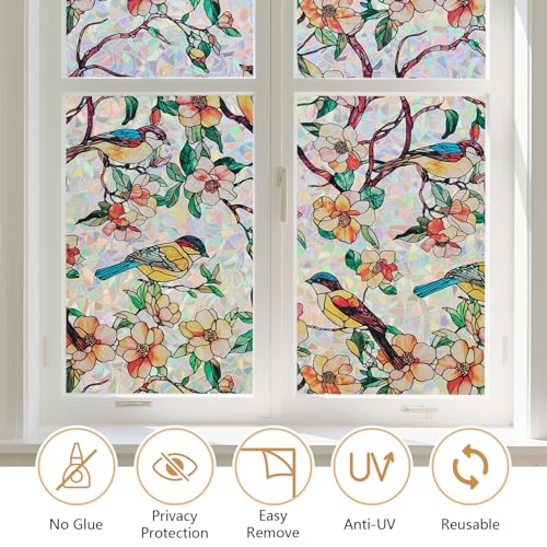 Kromapolis Window Privacy Film, Stained Glass Sticker Floral Window Clings, Decorative Static Clings UV Blocking Colorful Decals, Removable Vinyl Covering Rainbow Camellia, 17.5'' x 78.7'' - Image 3