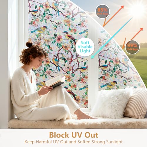 Kromapolis Window Privacy Film, Stained Glass Sticker Floral Window Clings, Decorative Static Clings UV Blocking Colorful Decals, Removable Vinyl Covering Rainbow Camellia, 17.5'' x 78.7'' - Image 4