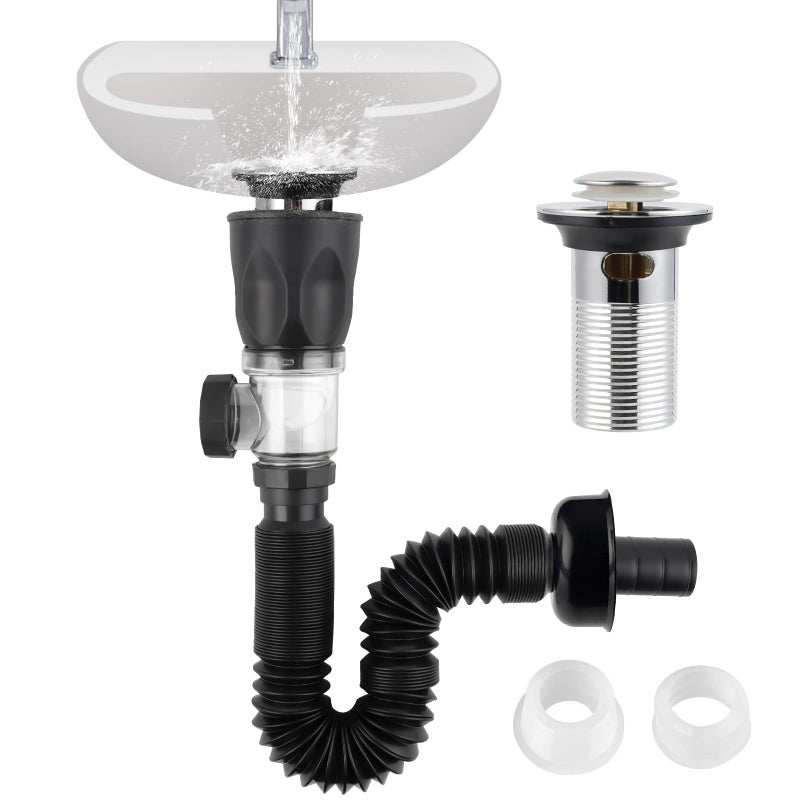 iFealClear Bathroom Sink Drain Kit, Flexible P-Trap Drain Pipe with Pop Up Stopper, Expandable Bathroom Sink Pipe Replacement with 2 Adapters, Fits 1-1/4'', 1-1/2'', 2" Holes, Hair Catcher, Chrome - Image 1