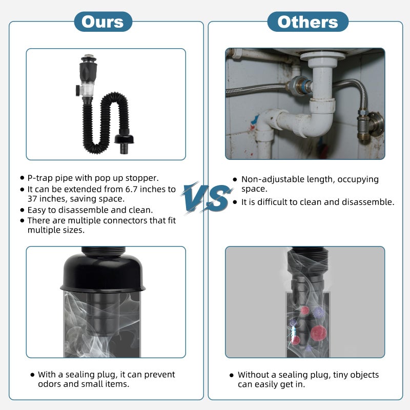 iFealClear Bathroom Sink Drain Kit, Flexible P-Trap Drain Pipe with Pop Up Stopper, Expandable Bathroom Sink Pipe Replacement with 2 Adapters, Fits 1-1/4'', 1-1/2'', 2" Holes, Hair Catcher, Chrome - Image 5