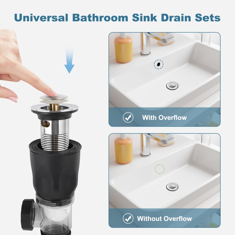 iFealClear Bathroom Sink Drain Kit, Flexible P-Trap Drain Pipe with Pop Up Stopper, Expandable Bathroom Sink Pipe Replacement with 2 Adapters, Fits 1-1/4'', 1-1/2'', 2" Holes, Hair Catcher, Chrome - Image 2