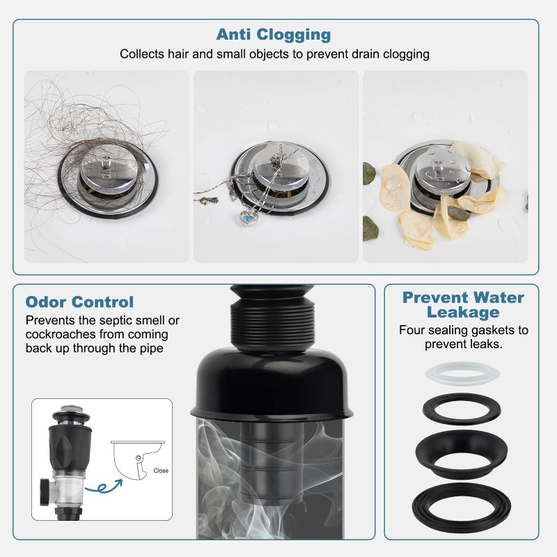 iFealClear Bathroom Sink Drain Kit, Flexible P-Trap Drain Pipe with Pop Up Stopper, Expandable Bathroom Sink Pipe Replacement with 2 Adapters, Fits 1-1/4'', 1-1/2'', 2" Holes, Hair Catcher, Chrome - Image 4