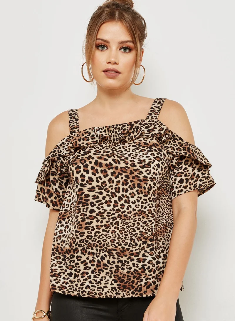 QUIZ Leopard Print Cold Shoulder Top