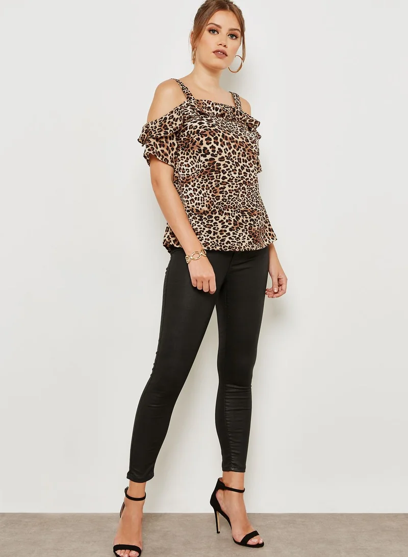 QUIZ Leopard Print Cold Shoulder Top