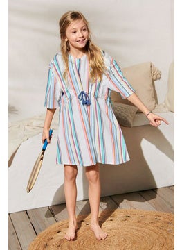 Tchibo Kids Girl Stripe 3 and 4 Sleeve Mini Dress, White Combo  - Image 1
