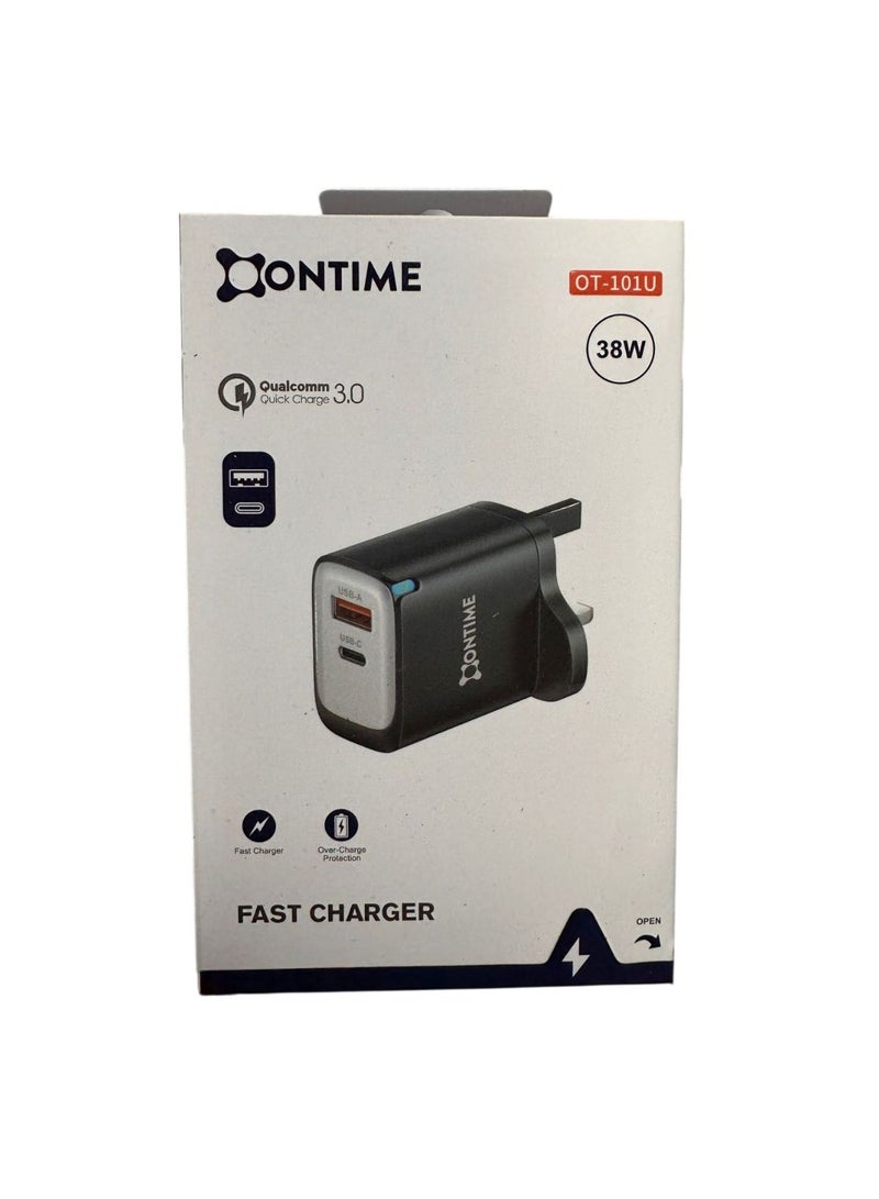 شاحن جداري أون تايم (ONTIME) بقوة 38 واط - شحن سريع بمنفذين USB-C PD و USB-A بقابس ثلاثي وتقنية كوالكوم 3.0
