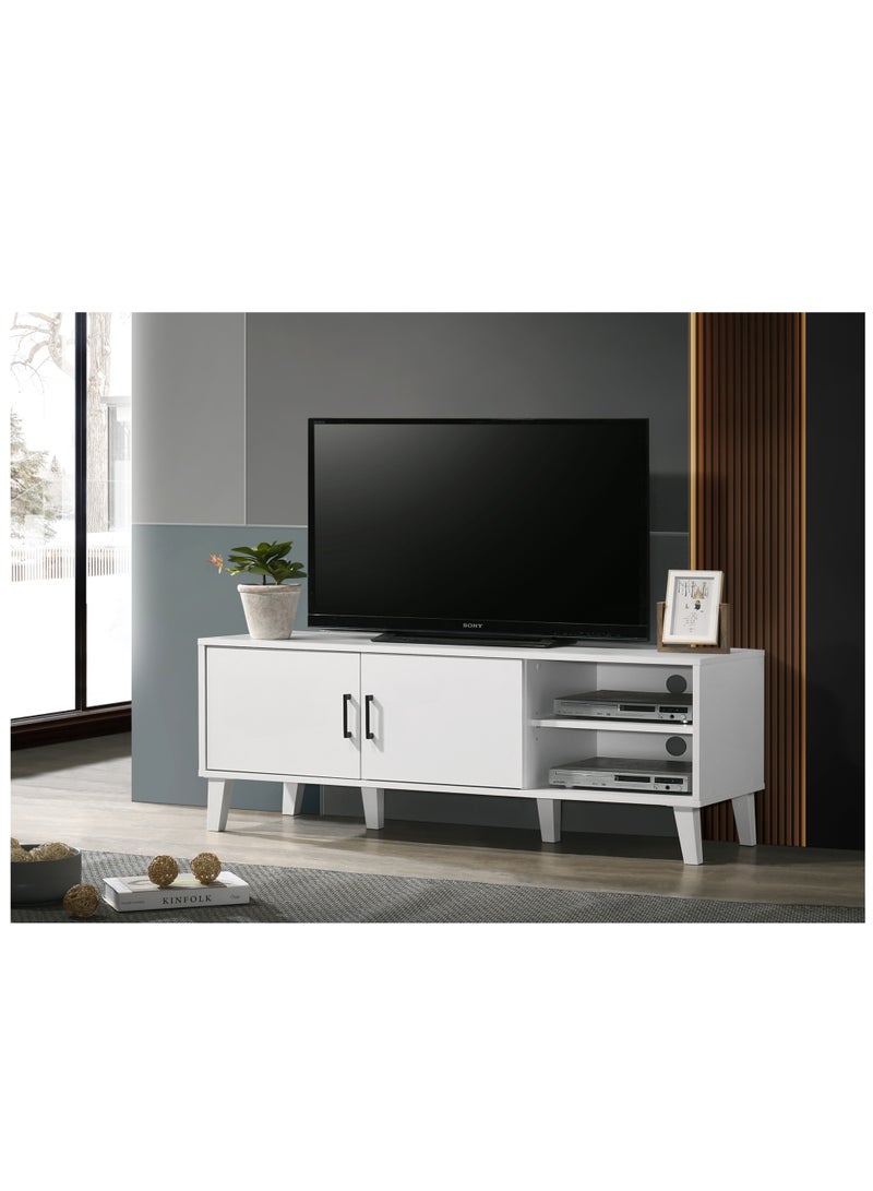 دبيلو تي- إيزي كير خزانة تلفزيون خشبية هندسية لغرفة المعيشة، بيضاء اللون - مساحة تخزين ببابين ورفين مفتوحين مع فتحات للكابلات، تناسب أجهزة التلفزيون حتى 55 بوصة، وحدة ترفيهية، متينة، سهلة التركيب، موفرة للمساحة - Image 1