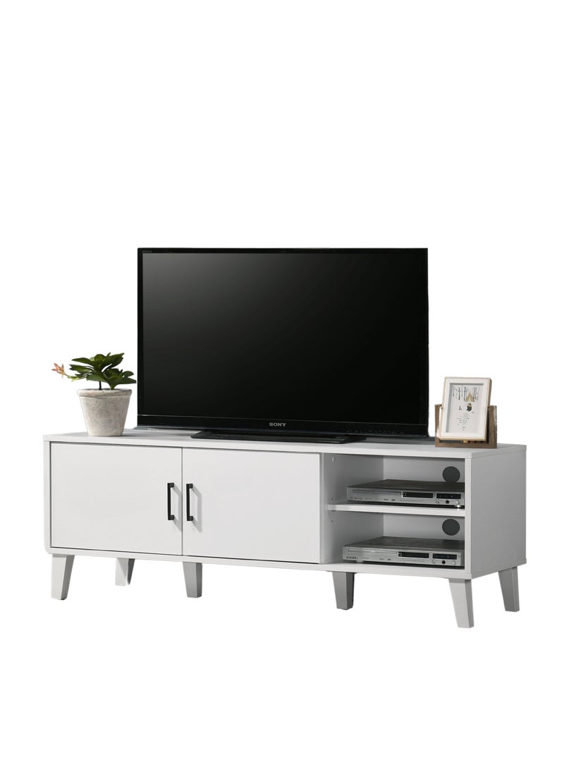 دبيلو تي- إيزي كير خزانة تلفزيون خشبية هندسية لغرفة المعيشة، بيضاء اللون - مساحة تخزين ببابين ورفين مفتوحين مع فتحات للكابلات، تناسب أجهزة التلفزيون حتى 55 بوصة، وحدة ترفيهية، متينة، سهلة التركيب، موفرة للمساحة - Image 2
