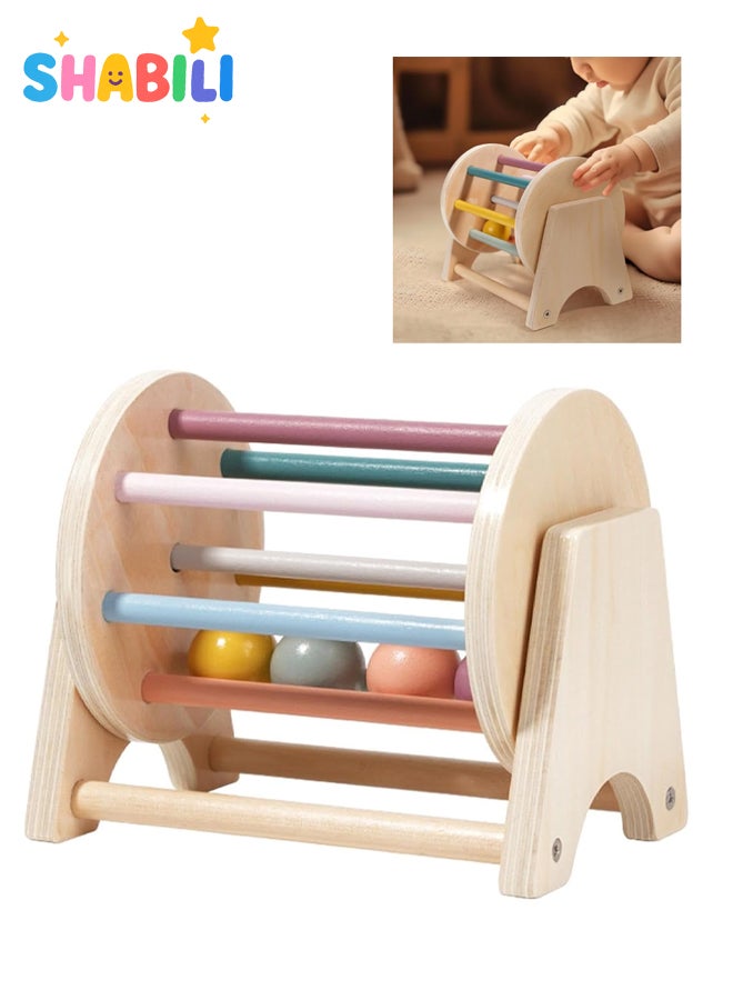 شبيلي لعبة طبل دوار خشبية مونتيسوري تعليمية لتنمية مهارات الأطفال الرضع والتنسيق بين اليد والعين مع كرات ملونة مناسبة للأولاد والبنات للعب داخل المنزل أو خارجه هدية مثالية للأطفال فوق 6 أشهر حجم المنتج 19.5×12.5×15.5 سم - Image 1