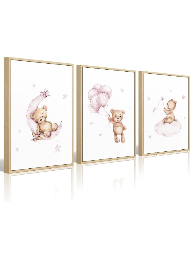 Baccone Bear Nursery Wall Art Decor Set of 3 Teddy Bear Wall Art Baby Girl Canvas Wall Decor Pink Pictures Balloon Nursery Children Prints Artwork Moon Star Cloud Art for Boys Room Bedroom 16x24 Inch Framed - Image 1