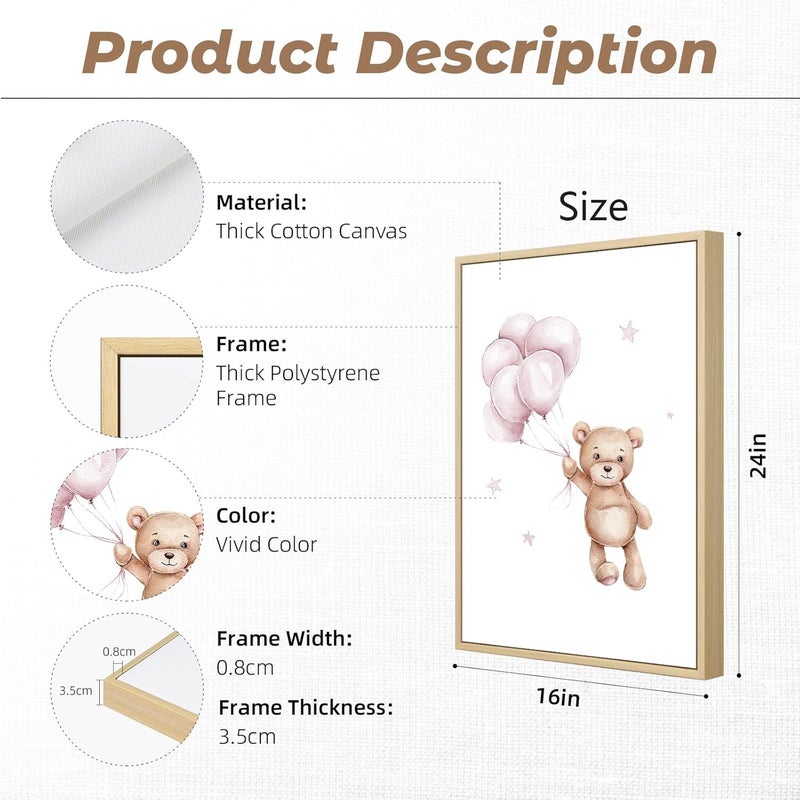 Baccone Bear Nursery Wall Art Decor Set of 3 Teddy Bear Wall Art Baby Girl Canvas Wall Decor Pink Pictures Balloon Nursery Children Prints Artwork Moon Star Cloud Art for Boys Room Bedroom 16x24 Inch Framed - Image 2