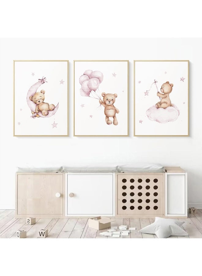 Baccone Bear Nursery Wall Art Decor Set of 3 Teddy Bear Wall Art Baby Girl Canvas Wall Decor Pink Pictures Balloon Nursery Children Prints Artwork Moon Star Cloud Art for Boys Room Bedroom 16x24 Inch Framed - Image 5