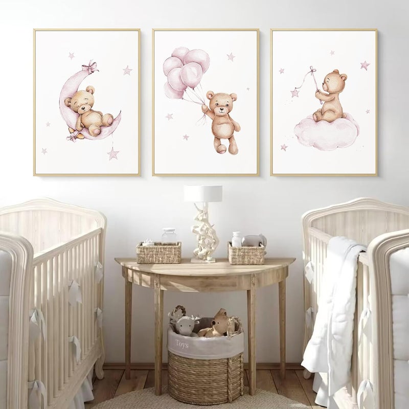 Baccone Bear Nursery Wall Art Decor Set of 3 Teddy Bear Wall Art Baby Girl Canvas Wall Decor Pink Pictures Balloon Nursery Children Prints Artwork Moon Star Cloud Art for Boys Room Bedroom 16x24 Inch Framed - Image 4
