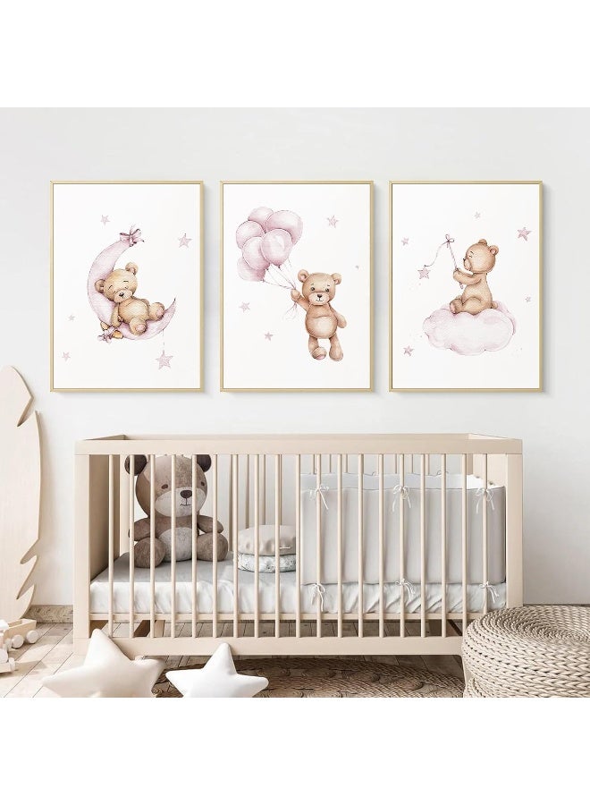 Baccone Bear Nursery Wall Art Decor Set of 3 Teddy Bear Wall Art Baby Girl Canvas Wall Decor Pink Pictures Balloon Nursery Children Prints Artwork Moon Star Cloud Art for Boys Room Bedroom 16x24 Inch Framed - Image 3